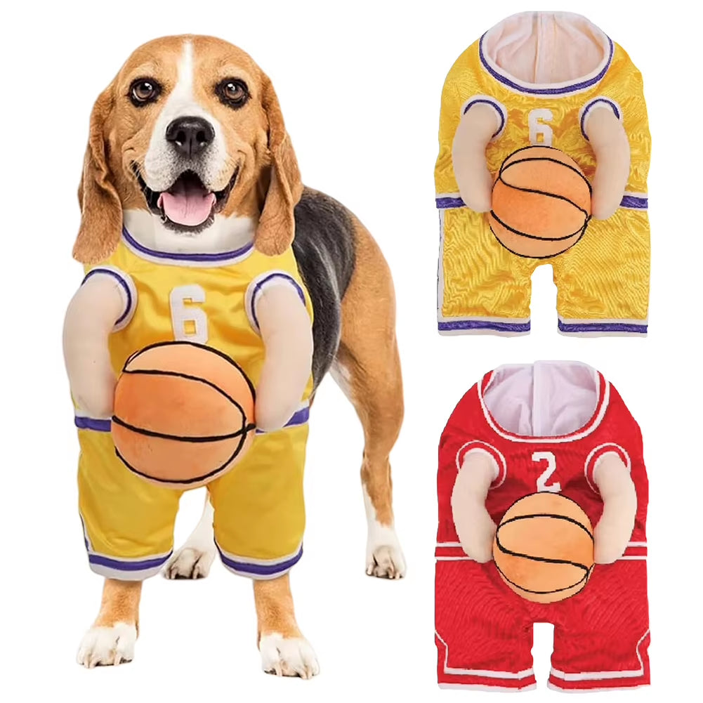 Adorable Dog Basketball Player Costume with Ball - Fun Pet Halloween Outfit for Parties and Dress-Up!